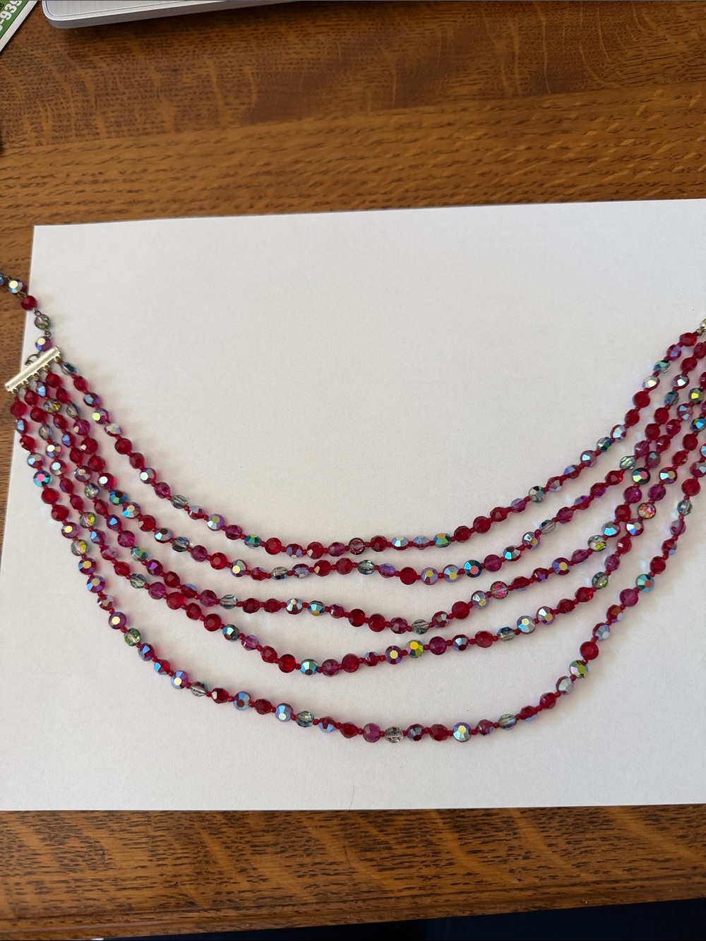 Vintage 5 strand  Red Crystal Beaded Necklace - Women Jewelry